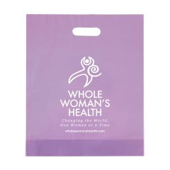 purple frosted plastic handout bag with whole woman's health logo and text below it