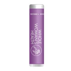 white lip balm with an imprint of a purple background and text saying whole woman's health