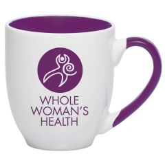 purple and white mug with an imprint of the whole woman's health logo and text below