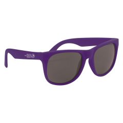 purple sunglasses with an imprint on the left side saying whole woman's health