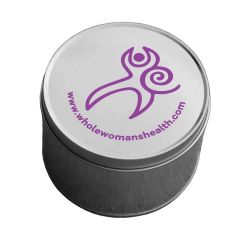 round silver tin with an imprint of the whole woman's health logo