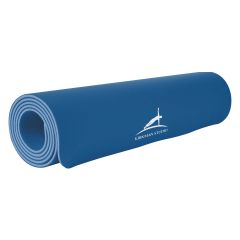 blue yoga mat rolled up with an imprint of a person doing a yoga pose and text saying kirkman studio