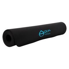 black yoga mat rolled up with blue imprint of a tear drop and a line across it and little lines below it with text saying qua yoga