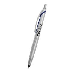 a silver pen with blue trim, stylus on tip, and an imprint saying esporc