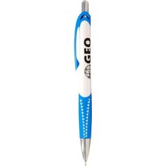 personalized blue and white pen with silver bottom and top and an imprint saying geo