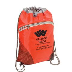 red drawstring bag with a front zippered compartment, mesh on both sides, and an imprint saying Valiant Trust Canadian Western Bank Group with A reputation for getting things done text below